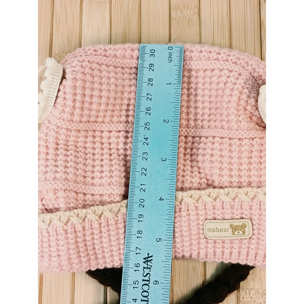 Mebear Infant Pink Knit Beanie Hat Heart Cherry Embroidery Braided Pom Poms NEW